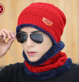 Fashlook Red Woolen Cap With Scarf For Men