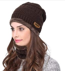 Fashlook Dark Brown Woolen Cap With Muffler For Women (Balaclava)