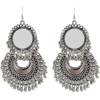 ibbie Fancy Oxidized Silver Afghani Tribal Mirror Earrings for Girls and Women