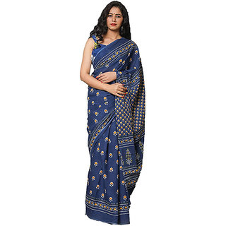 Hand Block Printed Pure Cotton Saree For Women With Attached With Blouse