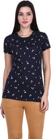 Shellocks Printed Cotton Hosiery Round Neck Half Sleeve Navy Blue Short T-Shirt for Women, White Dots