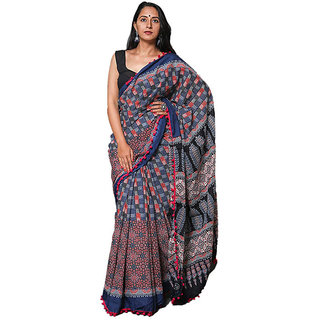 Hand Block Printed Pure Cotton Saree For Women With Attached With Blouse