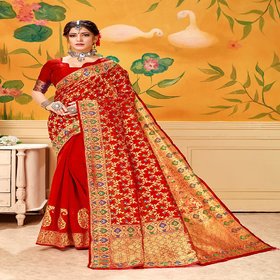 Women's Latest Design Red Color Lichi Cotton Saree