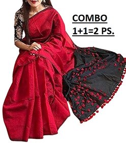 Umasaree Women's Red Pompom Handloom Cotton Saree With Un-stitched Blouse