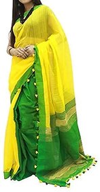 Umasaree Women's Yellow  Green Kusumdola Handloom Saree With Blouse Piece