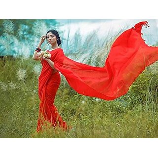 Umasaree Pure Red Cotton Silk Hnadloom Saree With Blouse Piece