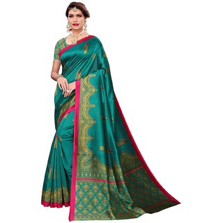                       SVB Saree Green Art Silk Kalamkari Saree                                              