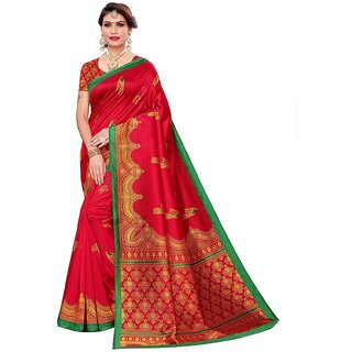                       SVB Red Art Silk Kalamkari Saree With Blouse                                              