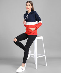 Vivient Women Nevy White Red Colour block Hood Sweatshirt