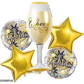 GORSPL PRINTED GOLDEN CHEEERS GLASS CONGRATS FOIL BALLOON COMBO SET OF 5 PCS