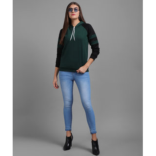 Vivient Women Color Block (Sea Green, Black) Hooded Sweatshirt