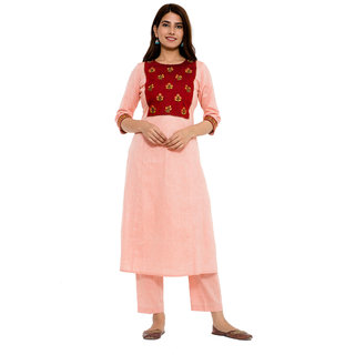                       Utsavi Handcrafted by SHILPA Peach with Maroon A-Line Embroidered Kurta with Pant Set for Women                                              