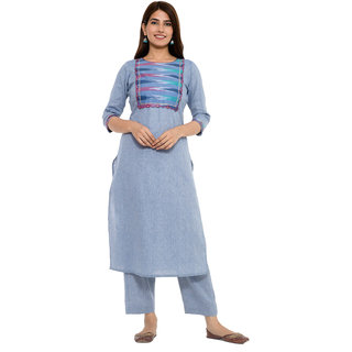                       Utsavi Handcrafted by SHILPA Blue Straight Embroidered Kurta with Pant Set for Women                                              