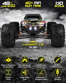 110 Scale Large RC Cars 48+ kmh Speed - Boys Remote Control Car 4x4 Off Road Monster Truck