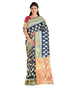 Kanieshka Brand Good Quality Beautiful Ink blue Silk Saree With Broad Contrast Red Golden Border, Attached Blouse