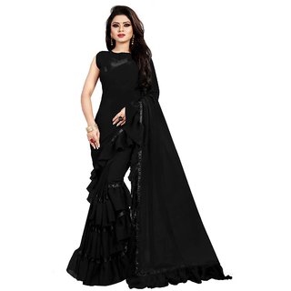Anjaneya Sarees Self Design Embellished Solid Designer Wedding Wear Ruffle Saree(Frill Sarees)