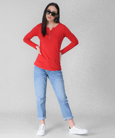 Vivient Women Red Button Plain Tshirt