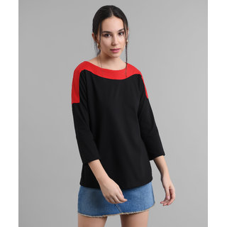                       Vivient Women Black Plain Red Shoulder T-shirt                                              