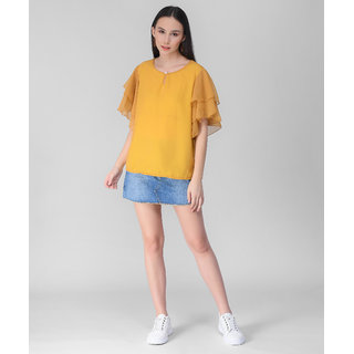 Vivient  Women Light Yellow Ruffle Sleeve Neck Button Top