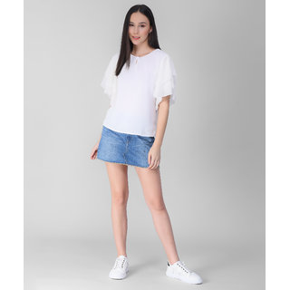                       Vivient Women White Ruffle Sleeve Neck Button Top                                              