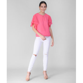                       Vivient Women Pink Ruffle Sleeve Neck Button Top                                              