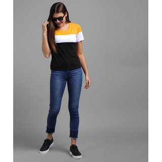                       Vivient Women Mustured White Black Colour Block Hosery T-shirt                                              