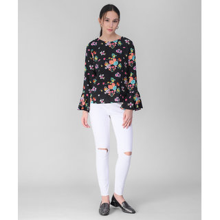                       Vivient Women Black Base Red Floral Printed Bell Sleeve Top                                              