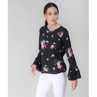                       Vivient Women Black Base Pink Floral Printed Bell Sleeve Top                                              