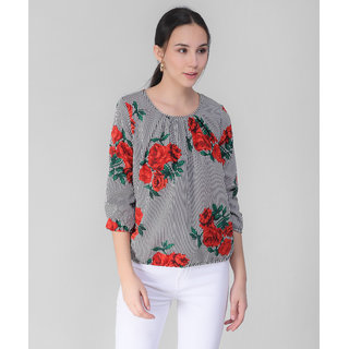                       Vivient Women Black White Stripe Floral Printed Ballon Top                                              