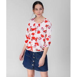                       Vivient Women White Base Red  Floral Printed Bell Sleeve Top                                              