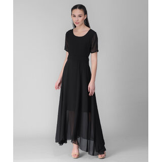                       Vivient  Women Black Plain Georgette Dress                                              