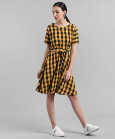 Vivient Women Yellow Check Printed Short Dress