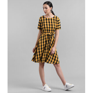                       Vivient Women Yellow Check Printed Short Dress                                              