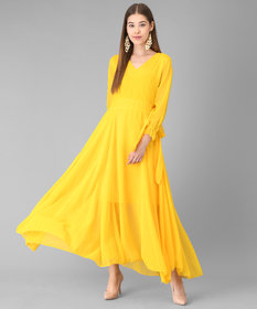 Vivient Women Yellow V-Neck Georgette Plain Maxi Dress