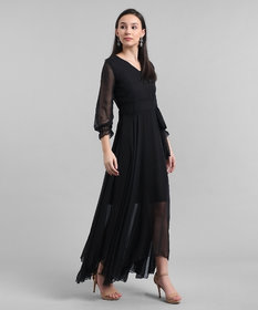 Vivient Women Black V-Neck Georgette Plain Maxi Dress