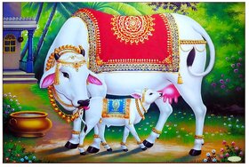 Kamdhenu Cow with Calf and Krishna Brass Home Decor and Decorative Office Living Room V62