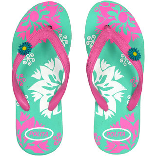 Polita Women's Rubberized EVA Flip-Flops and House Slippers ( Floret Pastel Green Pink White F37 )