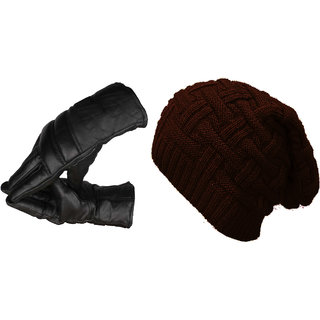 Fashlook Combo Of Gloves And Dark Brown Beanie Cap For Men