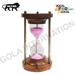                       Gola International Brass Antique Sand Timer On Wooden Base Hour Glass Clock Decor Theme Decor Height 12 Inches 5 Minute                                              