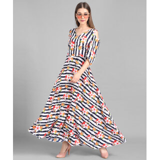                       Vivient Women Black White Stripe Floral Printed Crepe Maxi Dress                                              