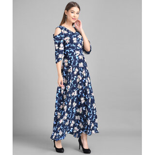                      Vivient  Women Nevy Blue Big Floral Printed Crepe Maxi Dress                                              