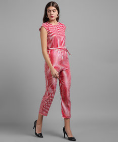 Vivient Women Red Stripe Printed Front Knot Jumpsuits