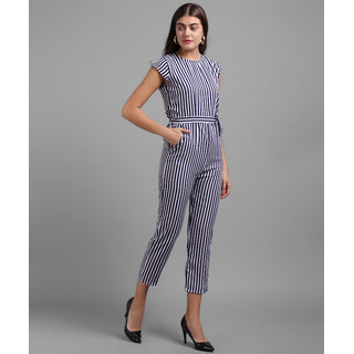Vivient Women Nevy Blue Small Stripe Printed Front Knot Jumpsuits