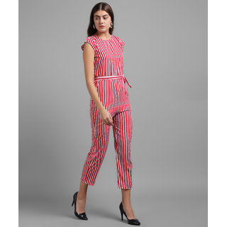                       Vivient Women Red Stripe Printed Front Knot Jumpsuits                                              