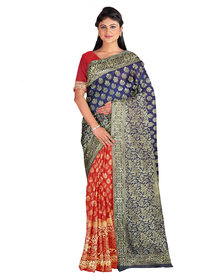 Kanieshka Good Quality Beautiful Ink blue Silk Saree With Broad Contrast Red Golden Border, Attached Blouse