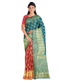 Kanieshka Good Quality Beautiful Green Silk Saree With Contrast  Attractive Red Saree plate, Attached Red Color Unstitc