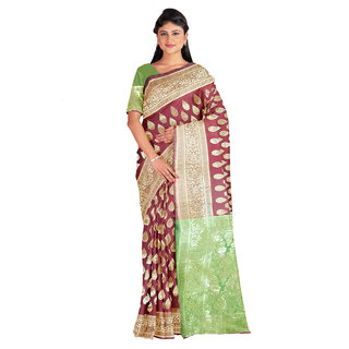 Kanieshka Good Quality Beautiful  Brown  Color Silk Saree with Broad Contrast Green Golden Border, Attached Green color