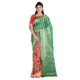                       Kanieshka Good Quality Beautiful Green Silk Saree With contrast Red Saree plate, Attached Red color Blouse                                              