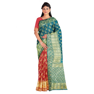 Kanieshka Good Quality Beautiful Green Silk Saree With Contrast  Attractive Red Saree plate, Attached Red Color Unstitc