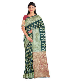 Kanieshka Good Quality Beautiful  Green  Color Silk Saree with Broad Contrast Red Golden Palla, Attached Red Blouse